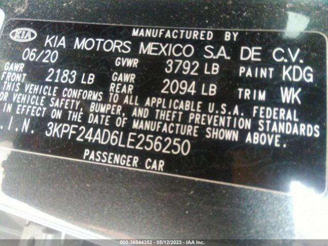 3KPF24AD6LE256250 KIA Forte Lxs
