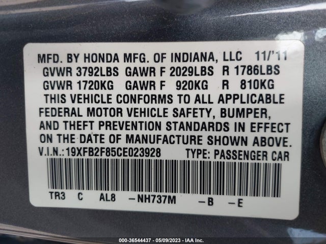 2012 HONDA CIVIC SDN EX VIN: 19XFB2F85CE023928