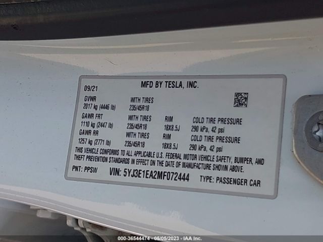 5YJ3E1EA2MF072444 Tesla Model 3 Standard Range Plus