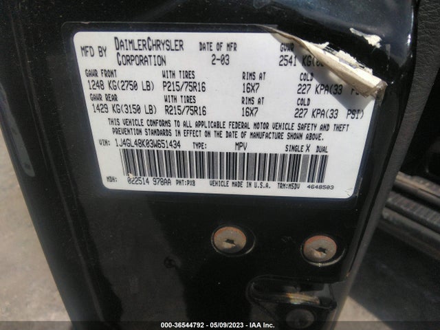 2003 JEEP LIBERTY SPORT VIN: 1J4GL48K03W651434