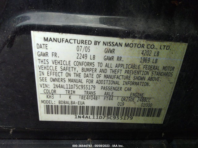 2005 NISSAN ALTIMA 2.5 S VIN: 1N4AL11D75C955179