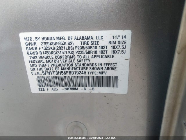 Honda Pilot Ex-l 2015 5FNYF3H56FB019245 Image 9