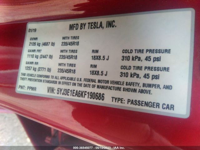 5YJ3E1EA6KF190686 Tesla Model 3 Range
