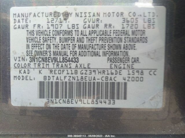 3N1CN8EV9LL854433 Nissan VERSA SV