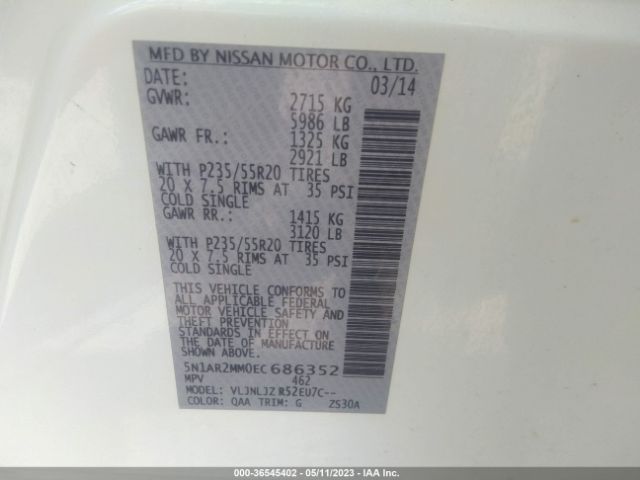 5N1AR2MM0EC686352 Nissan Pathfinder Platinum
