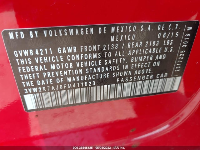 3VW2K7AJ6FM411523 Volkswagen Jetta Sedan 2.0l S