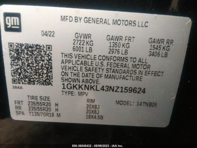 1GKKNKL43NZ159624 GMC ACADIA SLE