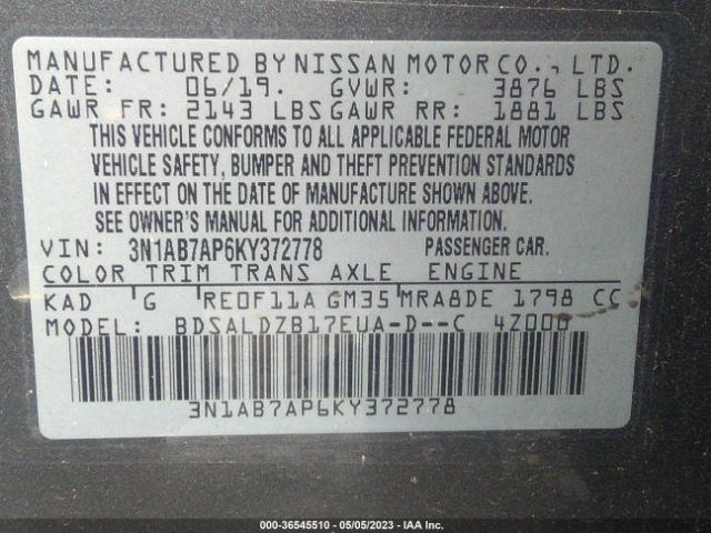 3N1AB7AP6KY372778 Nissan SENTRA SV
