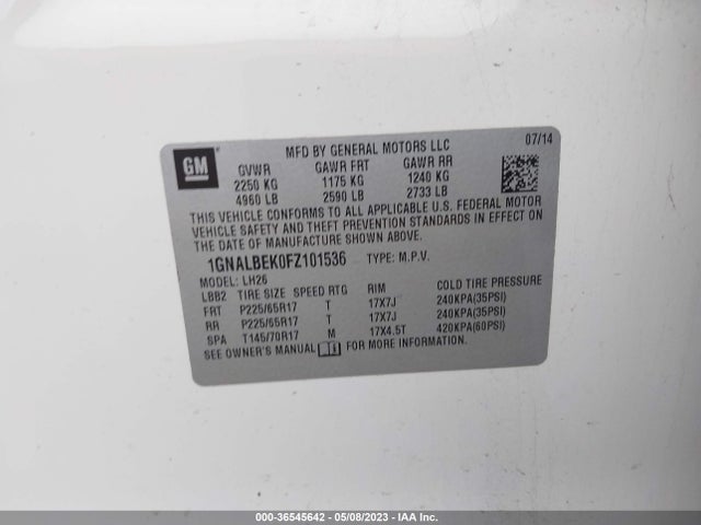 Chevrolet EQUINOX LT 2015 1GNALBEK0FZ101536 Image 9