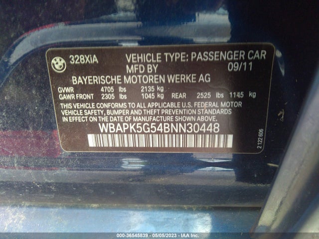 2011 BMW 3 SERIES 328I XDRIVE VIN: WBAPK5G54BNN30448