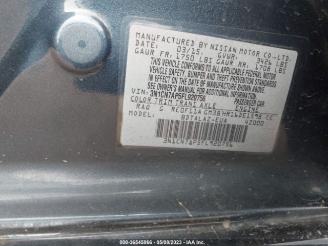 3N1CN7AP5FL920756 Nissan Versa S Plus