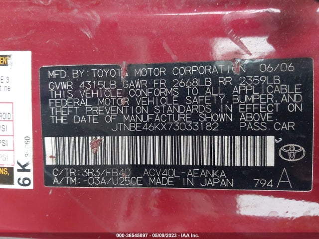 2007 TOYOTA CAMRY CE/LE/SE/XLE VIN: JTNBE46KX73033182