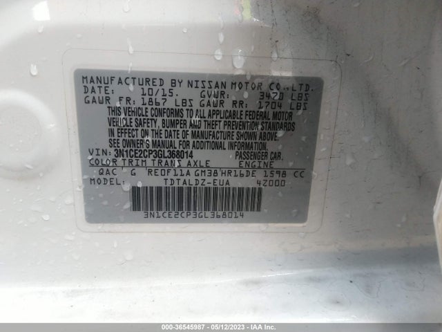 2016 NISSAN VERSA NOTE SV VIN: 3N1CE2CP3GL368014