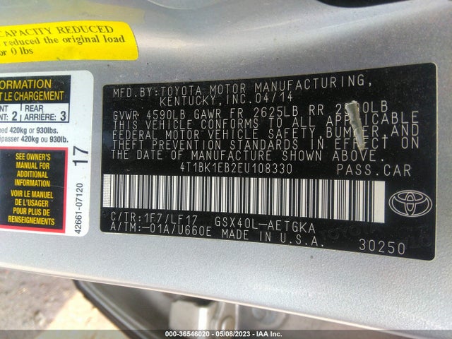 2014 Toyota Avalon Limited მანქანა იყიდება აუქციონზე, vin: 4T1BK1EB2EU108330, აუქციონის ნომერი: 36546020