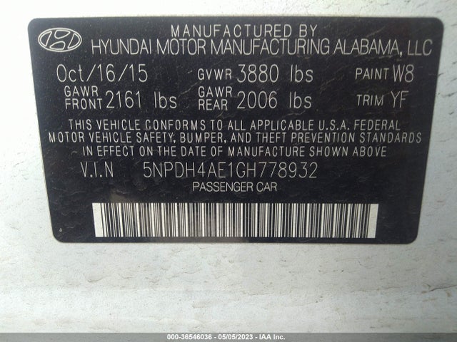 2016 HYUNDAI ELANTRA SE VIN: 5NPDH4AE1GH778932