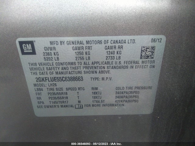 Aukcja sprzedaży 2012 Gmc Terrain Slt-1, vin: 2GKFLUE55C6388663, numer aukcji: 36546093