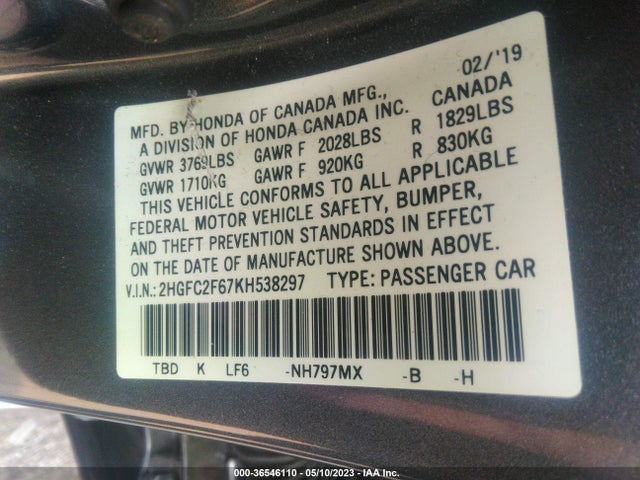 Honda Civic Sedan Lx 2019 2HGFC2F67KH538297 Image 9