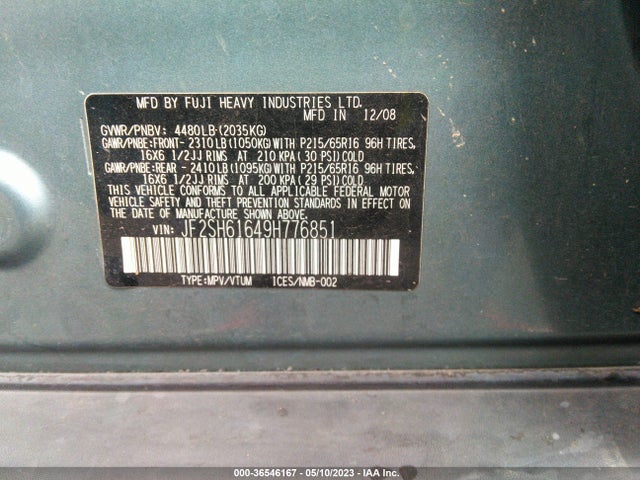 2009 SUBARU FORESTER X VIN: JF2SH61649H776851