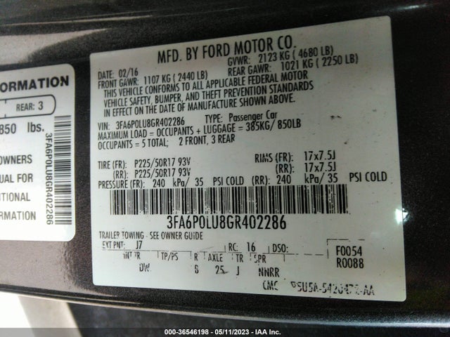 2016 FORD FUSION SE HYBRID VIN: 3FA6P0LU8GR402286