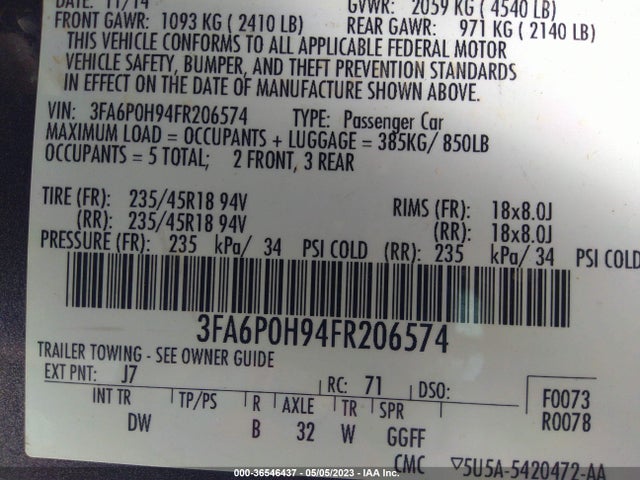 Ford FUSION SE 2015 3FA6P0H94FR206574 Image 10