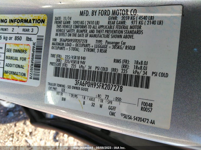 2015 FORD FUSION SE VIN: 3FA6P0H95FR207278