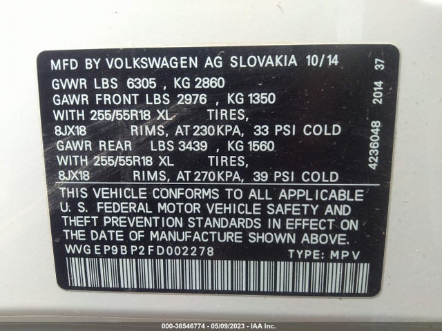 2015 Volkswagen Touareg, VIN: WVGEP9BP2FD002278