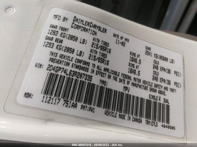 2003 DODGE GRAND CARAVAN EX VIN: 2D4GP74L63R207335