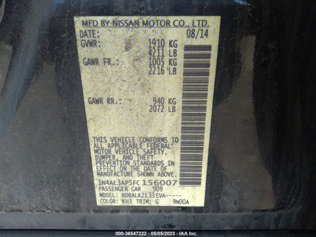 2015 NISSAN ALTIMA 2.5 SV VIN: 1N4AL3AP5FC156007