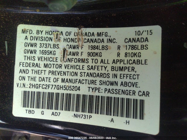 2016 HONDA CIVIC SEDAN EX VIN: 2HGFC2F77GH505204
