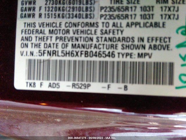 Honda Odyssey Ex-l 2015 5FNRL5H6XFB046546 Image 9