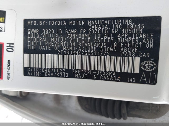 2016 TOYOTA COROLLA L/LE/S/S PLUS/LE PLUS VIN: 2T1BURHE7GC511772