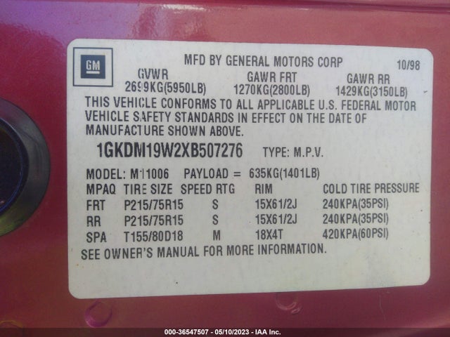 1999 GMC SAFARI PASSENGER VIN: 1GKDM19W2XB507276