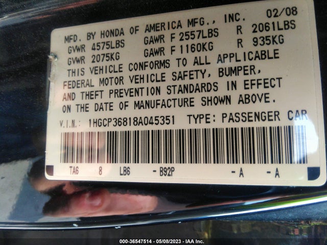 2008 HONDA ACCORD SDN EX-L VIN: 1HGCP36818A045351