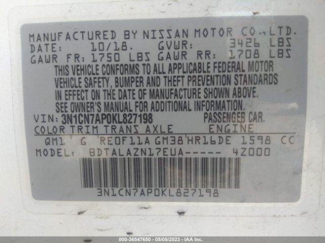 3N1CN7AP0KL827198 Nissan Versa Sedan S Plus