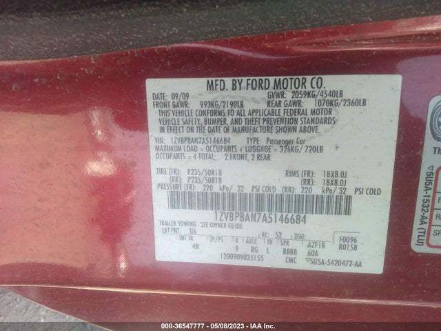 Продажа на аукционе авто 2010 Ford Mustang V6, vin: 1ZVBP8AN7A5146684, номер лота: 36547777