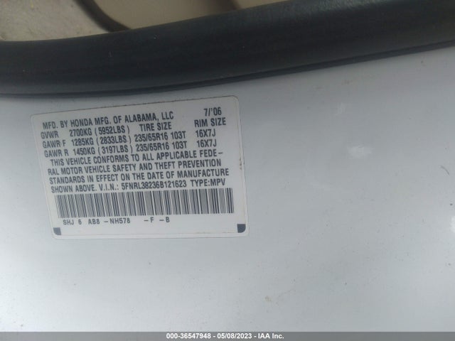 2006 HONDA ODYSSEY LX VIN: 5FNRL38236B121623