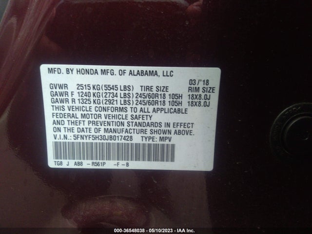 Honda Pilot Ex 2018 5FNYF5H30JB017428 Image 11
