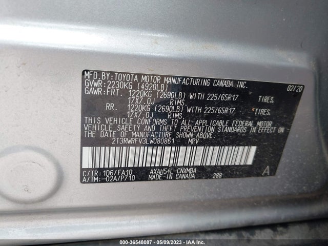 2020 TOYOTA RAV4 HYBRID XLE VIN: 2T3RWRFV3LW080861