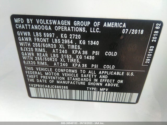 1V2PR2CA6JC585265 Volkswagen Atlas 3.6l V6 Se W/technology