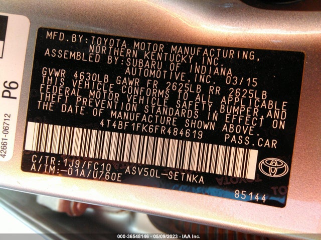 2015 TOYOTA CAMRY XLE/SE/LE/XSE VIN: 4T4BF1FK6FR484619
