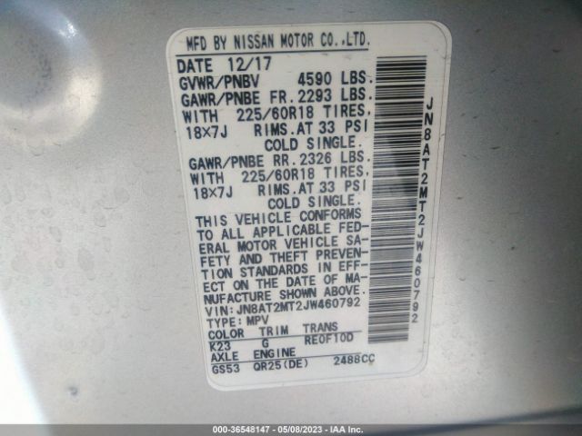 JN8AT2MT2JW460792 Nissan Rogue Sl
