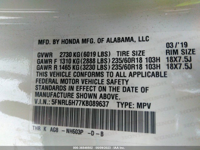 Honda Odyssey Ex-l 2019 5FNRL6H77KB089637 Image 10