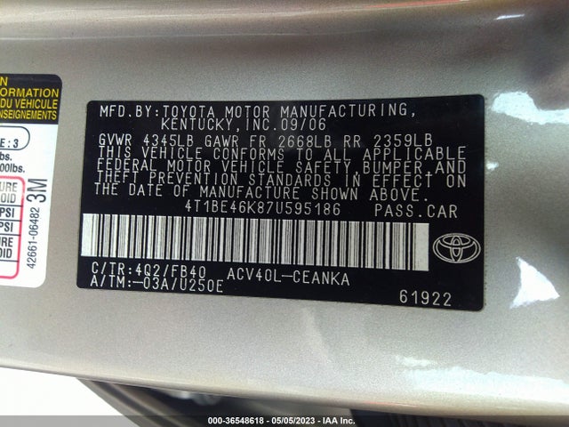2007 TOYOTA CAMRY CE/LE/SE/XLE VIN: 4T1BE46K87U595186