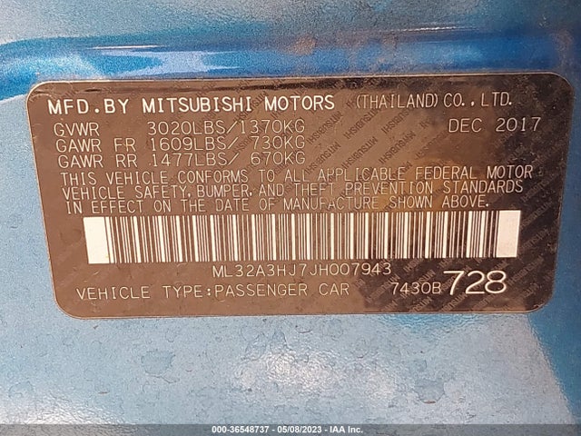 ML32A3HJ7JH007943 Mitsubishi MIRAGE ES