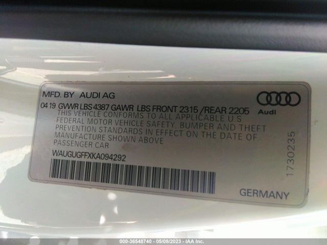 WAUGUGFFXKA094292 Audi A3 Sedan Premium Plus