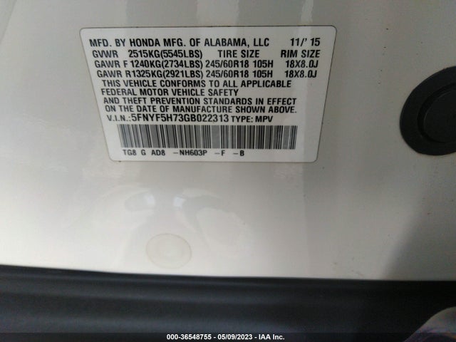 Honda Pilot Ex-l 2016 5FNYF5H73GB022313 Image 9