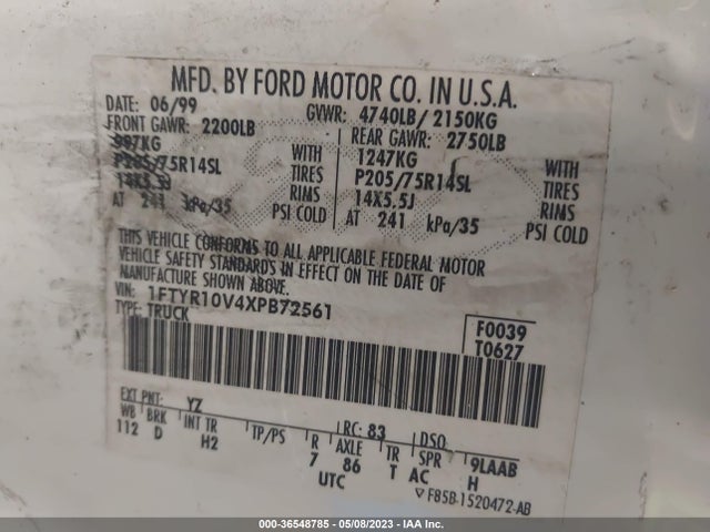 1999 FORD RANGER XL/XLT VIN: 1FTYR10V4XPB72561