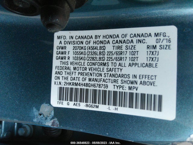 2016 HONDA CR-V SE VIN: 2HKRM4H48GH678759