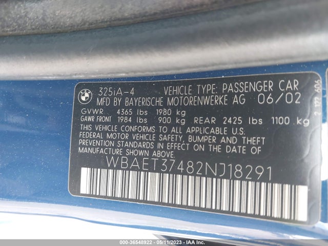 2002 BMW 3 SERIES 325I VIN: WBAET37482NJ18291