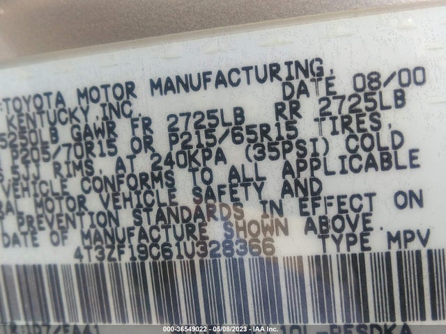 2001 TOYOTA SIENNA CE VIN: 4T3ZF19C61U328366